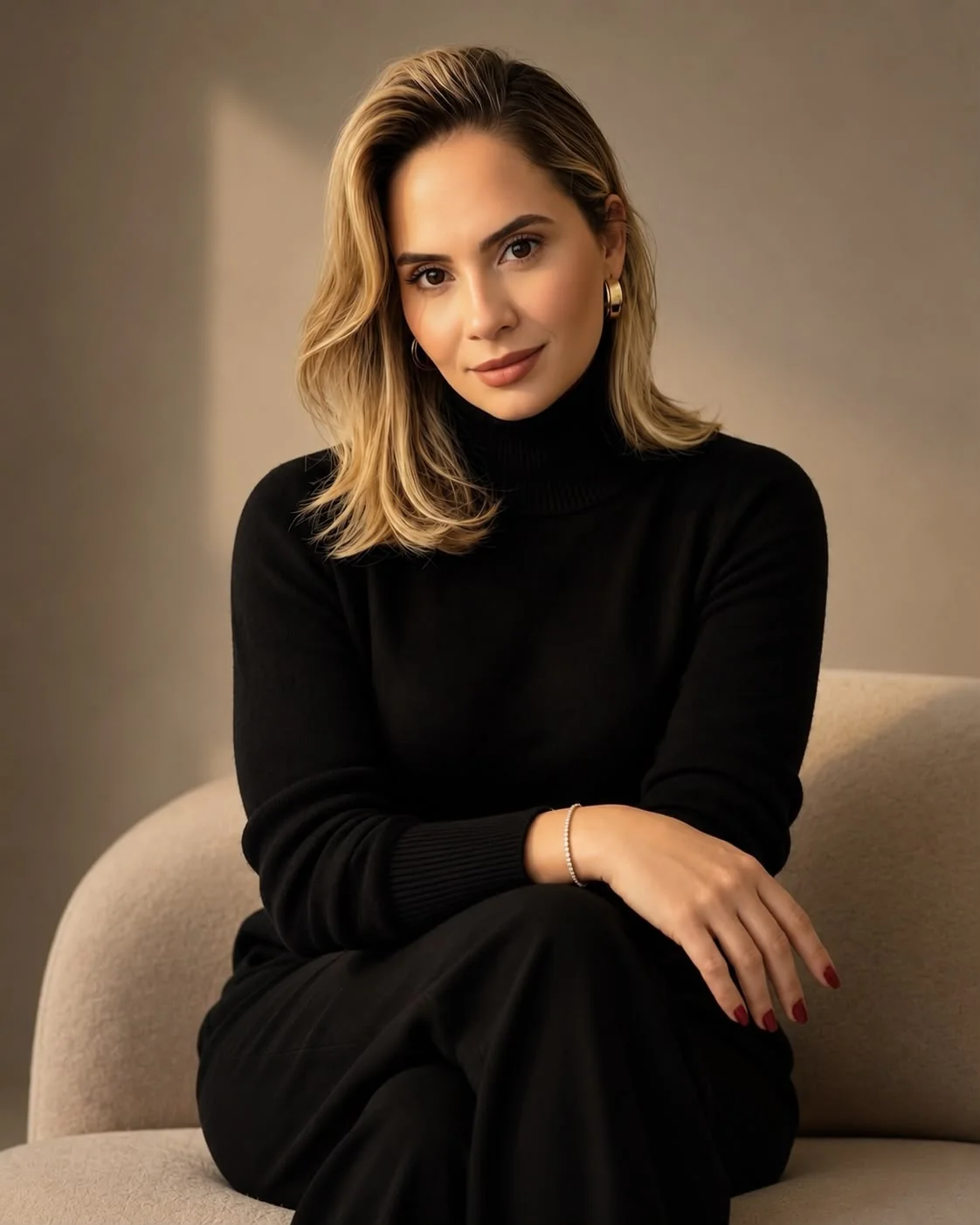 Retrato da Dra. Kamilla Gonçalves vestindo blusa preta de gola alta, sentada em poltrona clara